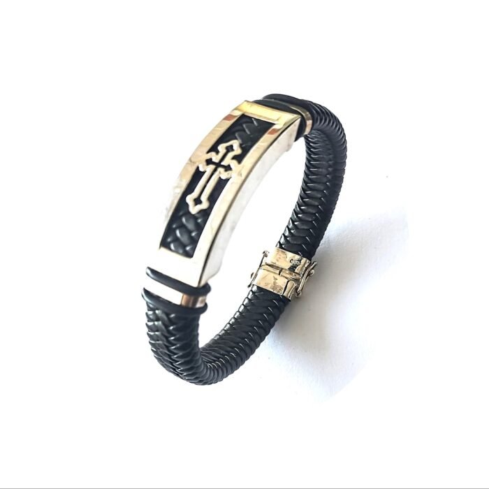 PULSERA CRUZ CUERO Y PLATA - Imagen 1